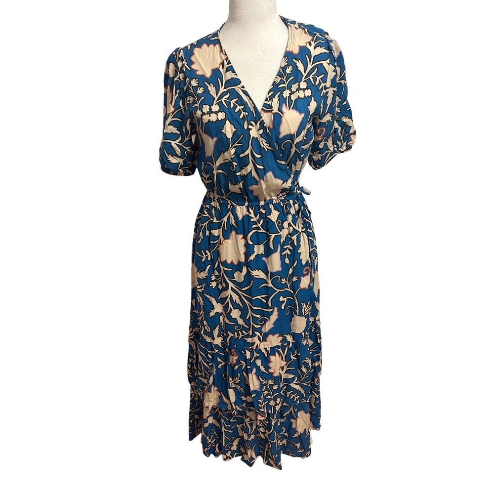Knox Rose Small wrap dress boho tiered ruffle tassel blue floral maxi beach